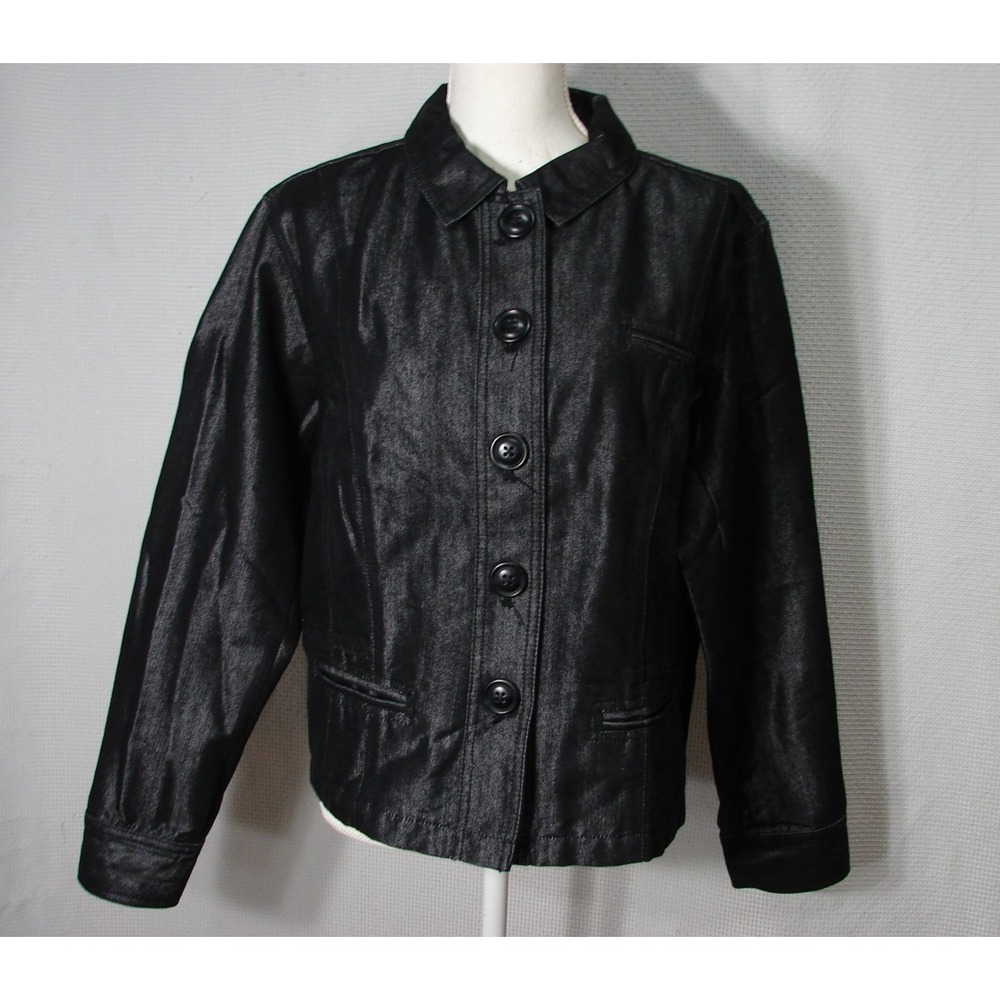 Chicos Platinum Black Shiny Denim Jacket Button Front Size 3 US XL City Classic